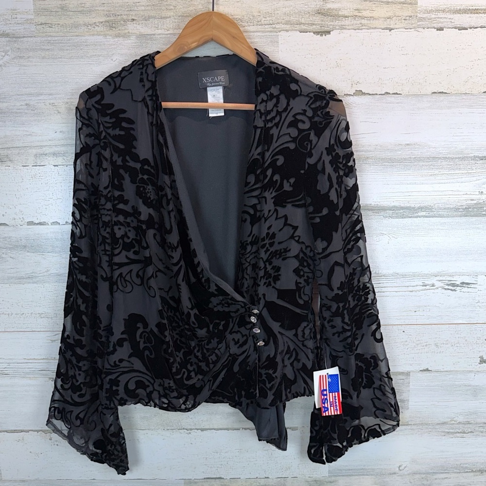 Xscape Whimsigoth Sheer Black Burnout Velvet Bell Sleeve Wrap Top 10 Gothic - Picture 4 of 15